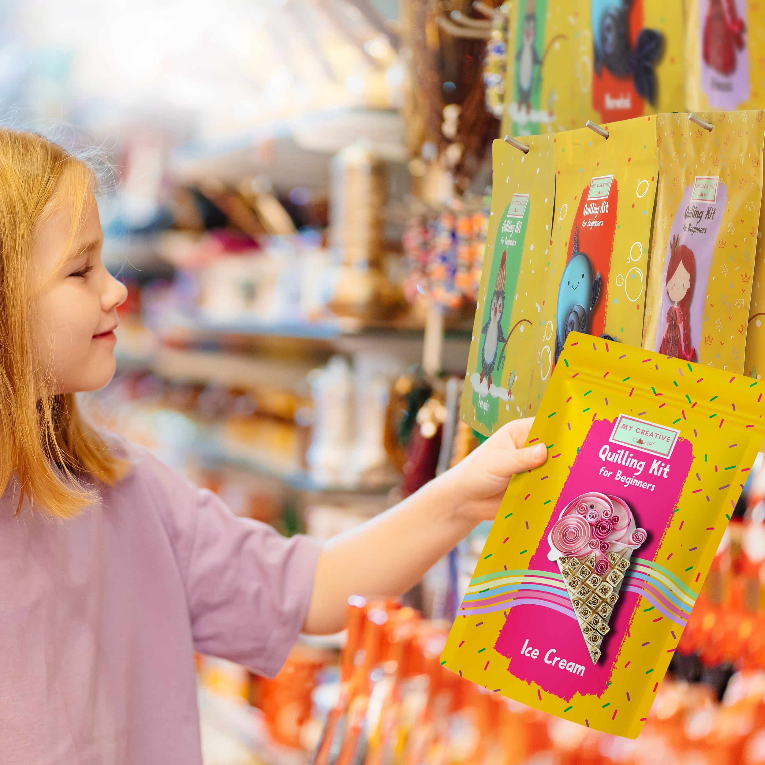 Child holding a craft kit in a store setting
Ice cream paper quilling kit shown as a fun creative gift for kids and adults