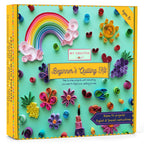 Colorful packaging of a beginner's quilling kit with various quilled designs on a light blue background. Best paper quilling kit for all ages.