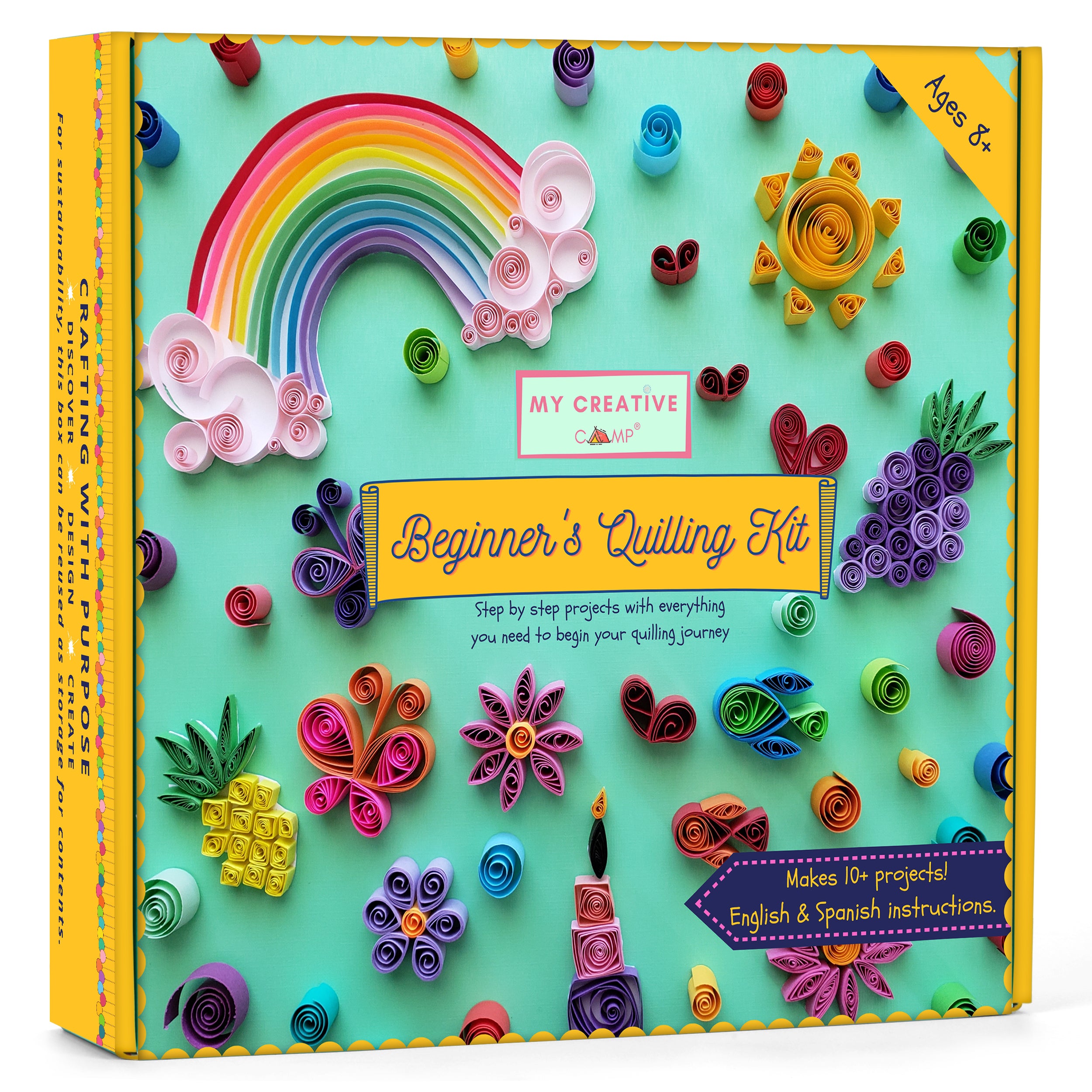 Colorful packaging of a beginner's quilling kit with various quilled designs on a light blue background. Best paper quilling kit for all ages.