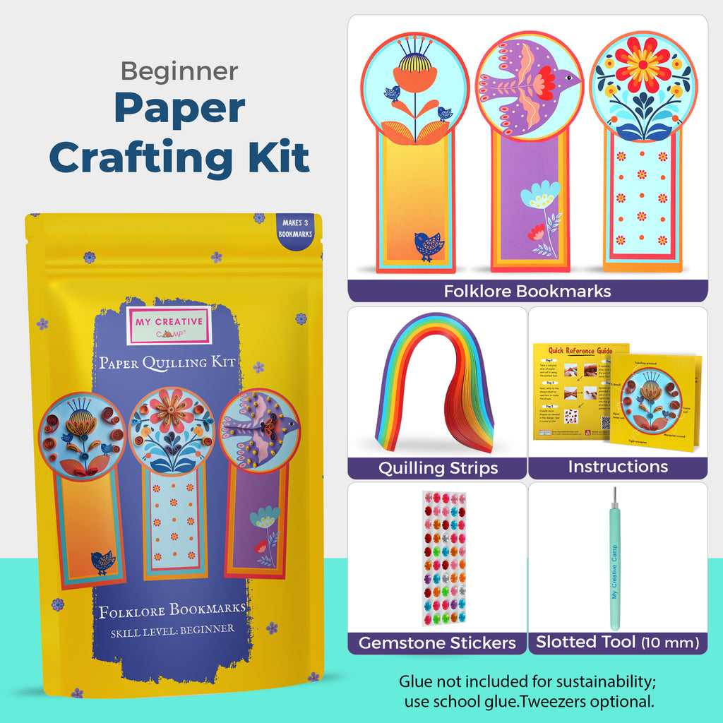 Beginner Paper Crafting Kit with colorful bookmarks, quilling strips, and gemstone stickers on a blue background.
Beginner paper crafting kit overview showing bookmarks, quilling strips, tools, and instructions.
