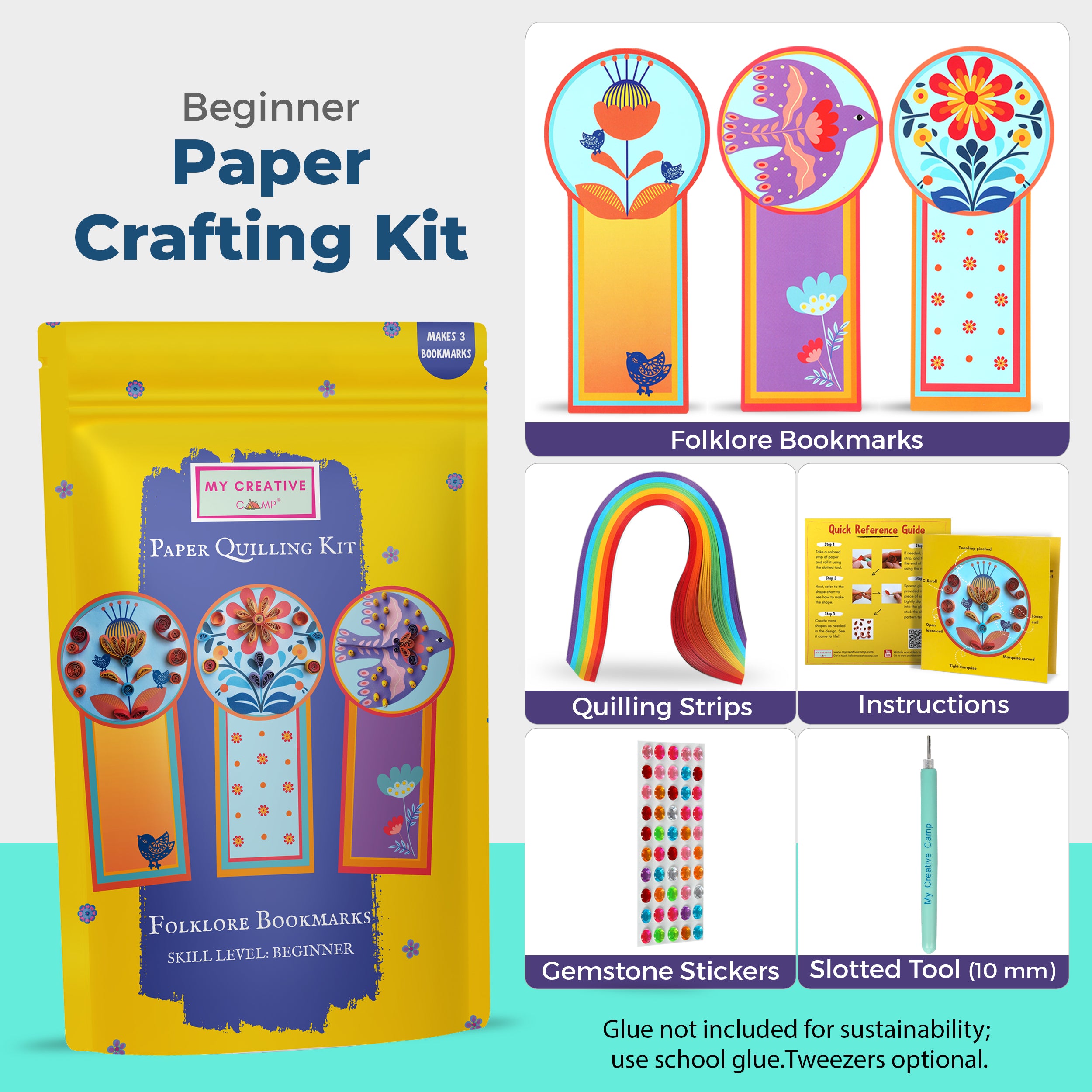 Beginner Paper Crafting Kit with colorful bookmarks, quilling strips, and gemstone stickers on a blue background.
Beginner paper crafting kit overview showing bookmarks, quilling strips, tools, and instructions.
