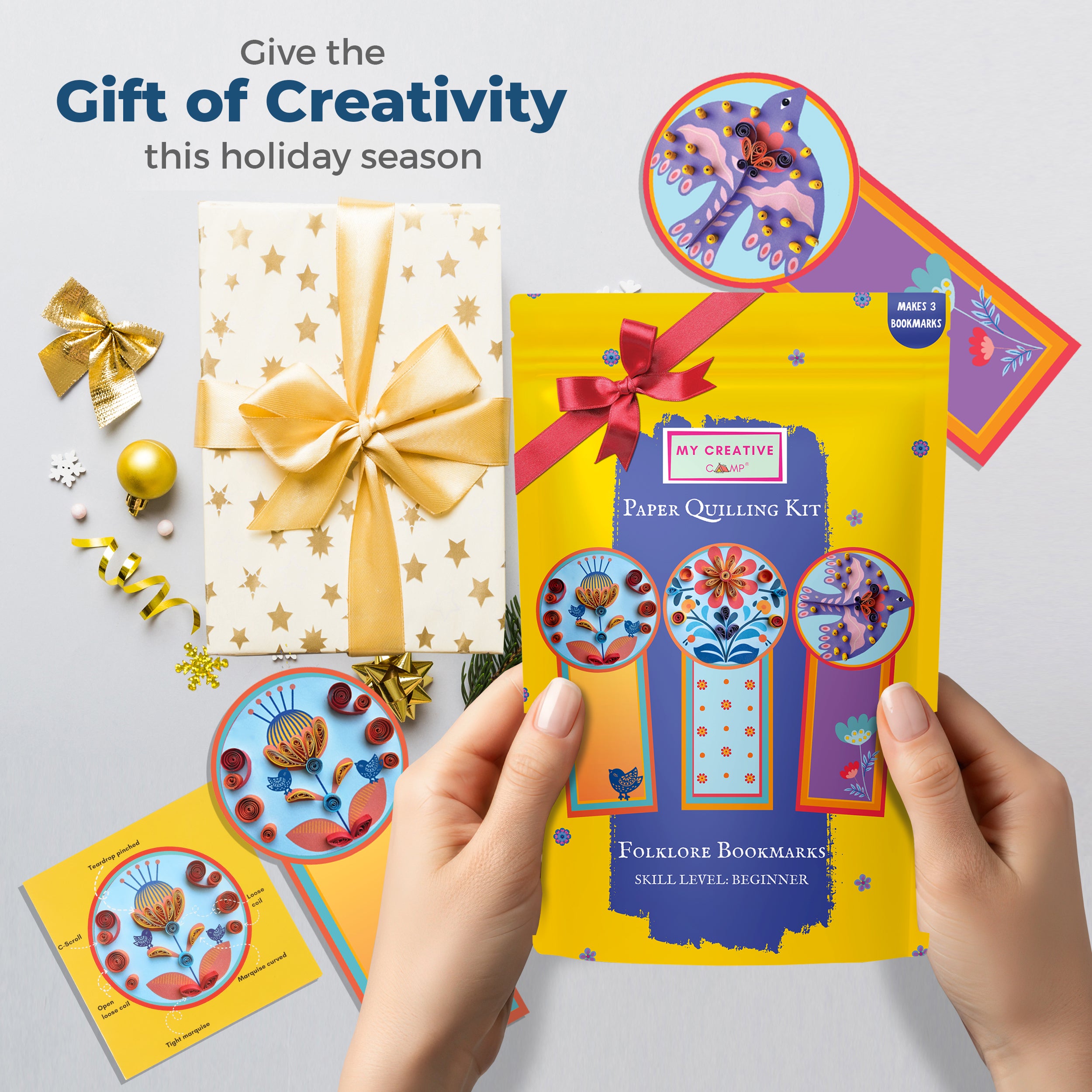 Paper quilling kit with colorful bookmarks and decorative elements on a light gray background.
Gift-ready paper quilling kit presented with festive ribbon and packaging.
