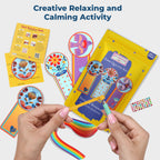 Hands holding a colorful paper quilling kit with instructions and samples on a white background.
Hands assembling paper quilling bookmark, demonstrating relaxing and calming craft activity.
