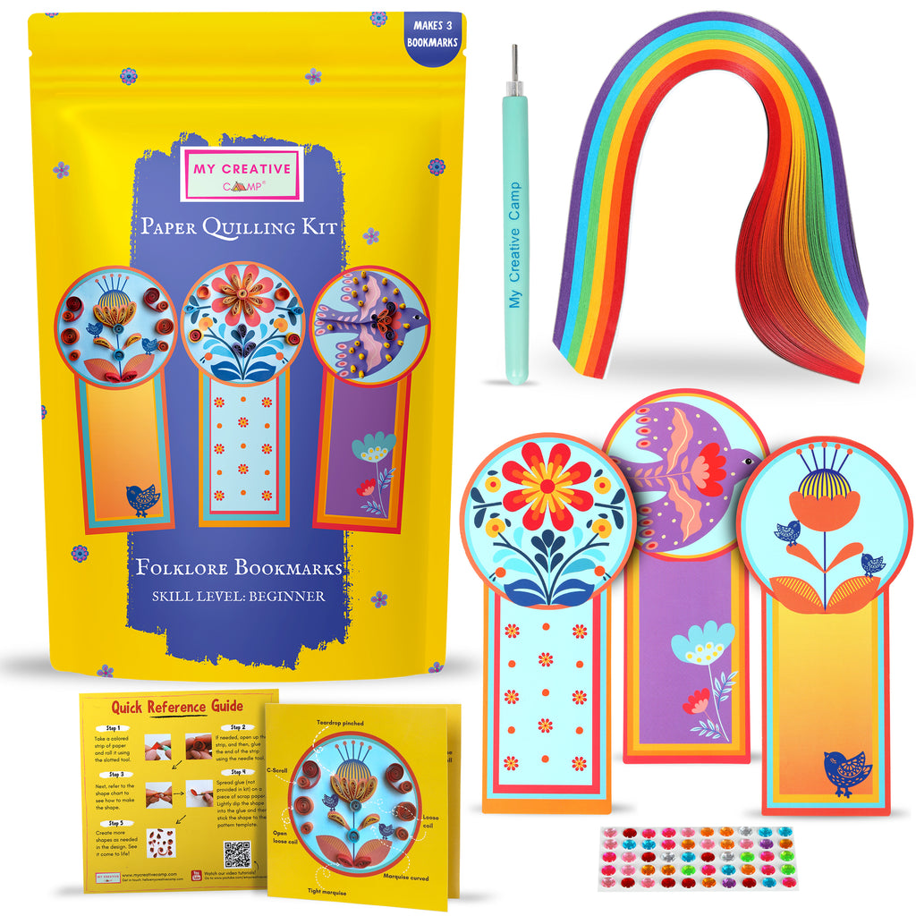 Paper quilling kit with colorful bookmarks, tools, and packaging on a white background
Paper quilling bookmark kit contents laid out, including tools, strips, and sample designs.
