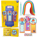 Paper quilling kit with colorful bookmarks, tools, and packaging on a white background
Paper quilling bookmark kit contents laid out, including tools, strips, and sample designs.
