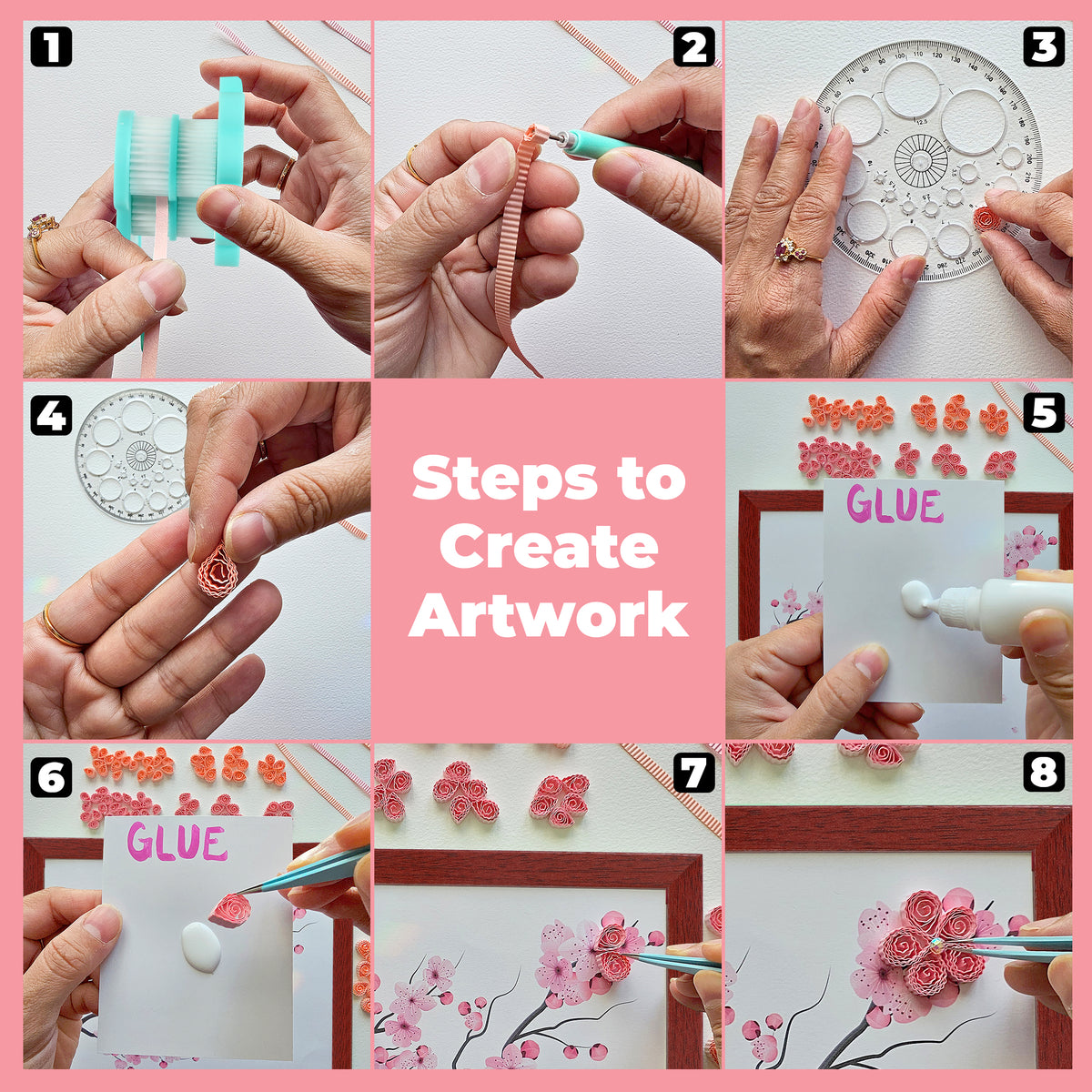 Step-by-step collage showing paper quilling process, tools, glue, and flower formation