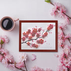 Framed artwork of cherry blossoms with a cup of coffee on a light background pink