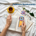 Folklore Bookmarks Paper Quilling Kit with hands holding a book, cup of tea, and glasses on a white surface.
Person reading with folklore quilled bookmark, showing real-life use of finished craft.

