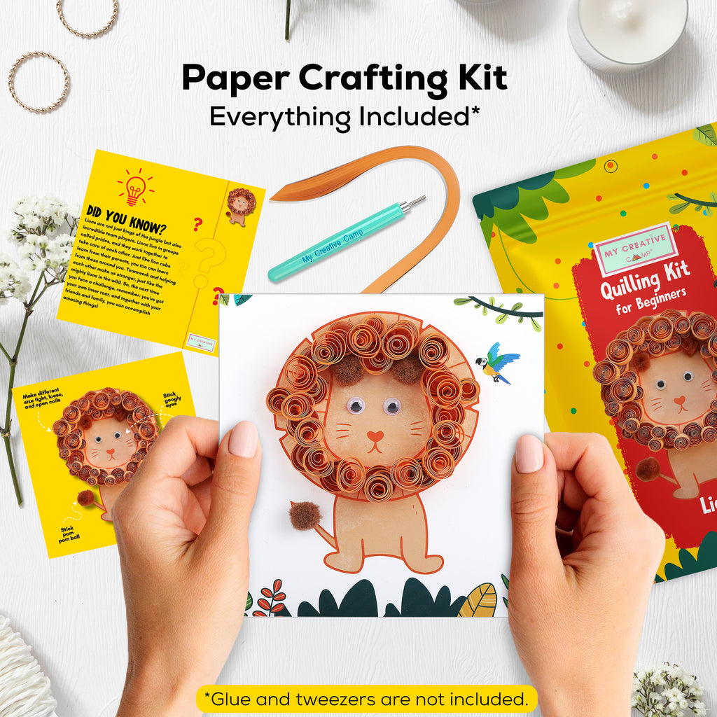 Paper crafting kit with lion design, including materials and tools on a white background.
Finished lion paper quilling art made with an intermediate paper craft kit