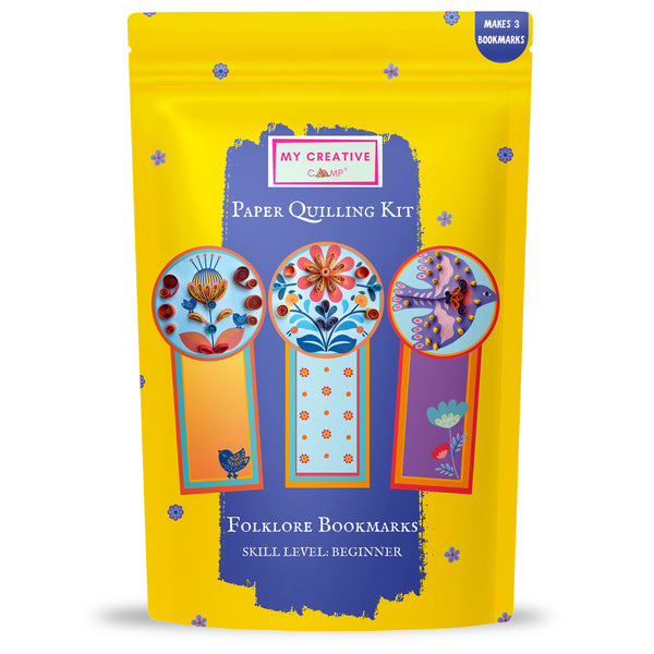 My Creative Camp Paper Quilling Kit packaging with colorful bookmarks on a yellow background
Paper quilling kit pouch packaging featuring folklore bookmark designs for beginners.
folklore