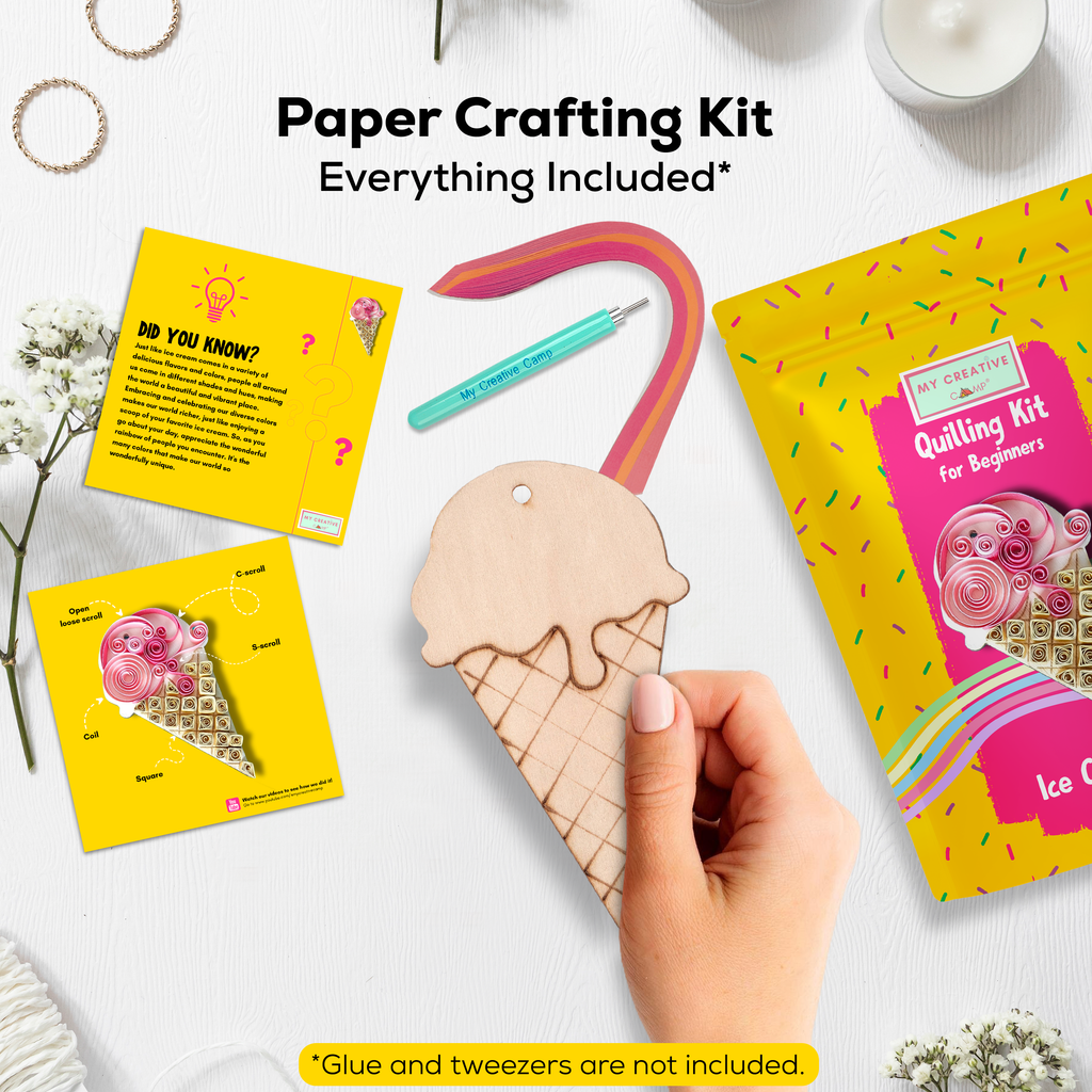 Paper crafting kit with ice cream cone template, cards, and a hand holding a wooden ice cream cone on a white background.
Hands creating an ice cream paper quilling artwork using an intermediate DIY craft kit