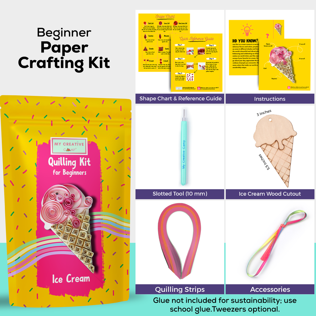 Beginner paper crafting kit with packaging, tools, and accessories on a white background
Intermediate paper quilling kit contents including ice cream wood cutout, quilling paper strips, tools, and instructions