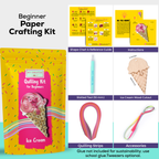 Beginner paper crafting kit with packaging, tools, and accessories on a white background
Intermediate paper quilling kit contents including ice cream wood cutout, quilling paper strips, tools, and instructions