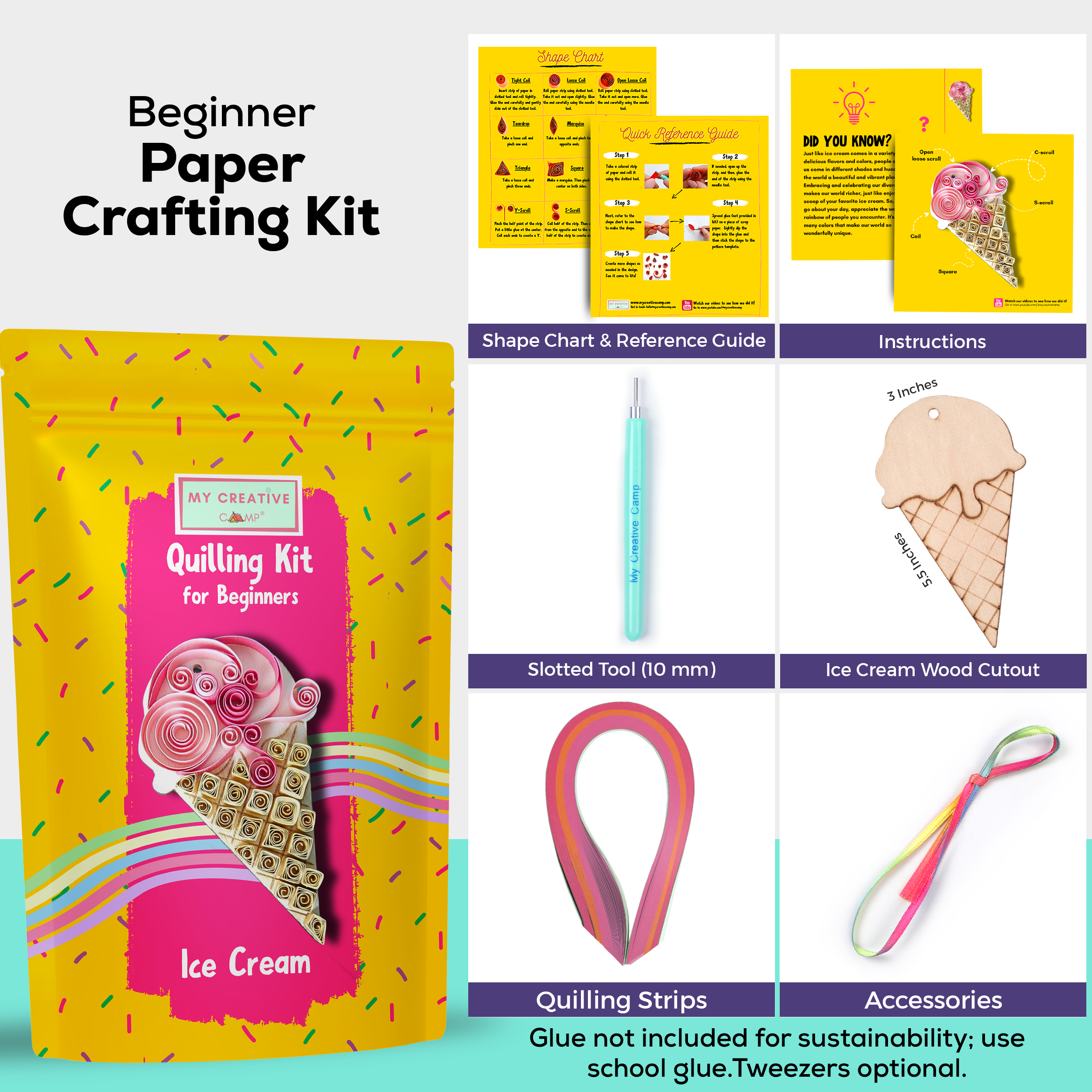 Beginner paper crafting kit with packaging, tools, and accessories on a white background
Intermediate paper quilling kit contents including ice cream wood cutout, quilling paper strips, tools, and instructions