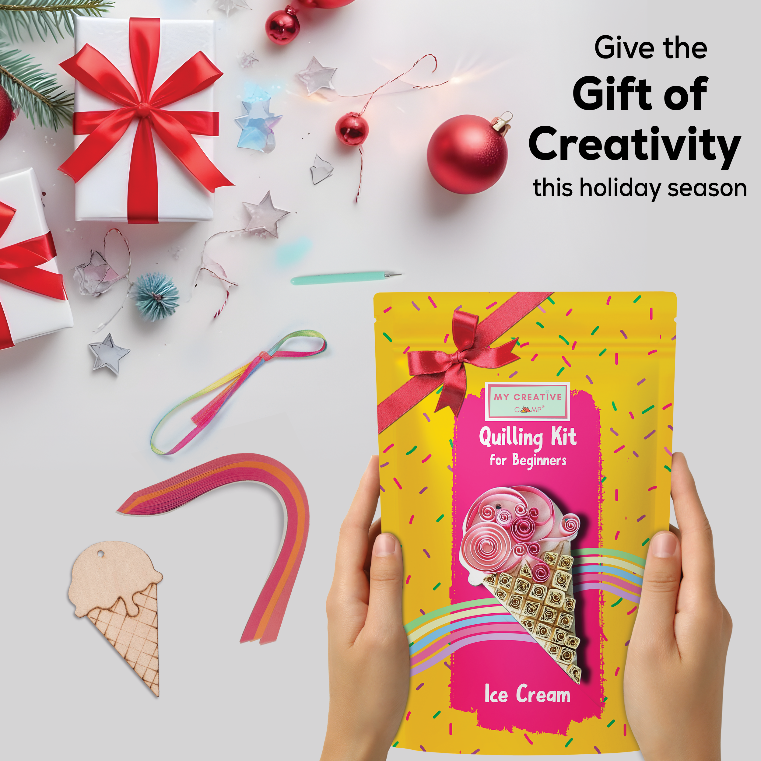 Quilling kit for beginners with decorative elements on a festive background
Relaxing paper quilling activity creating a cute ice cream design for intermediate crafters