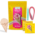 Quilling kit for beginners with wooden ice cream cone, tools, and guide on a white background
Paper quilling kit with ice cream design, quilling tool, colorful paper strips, and accessories