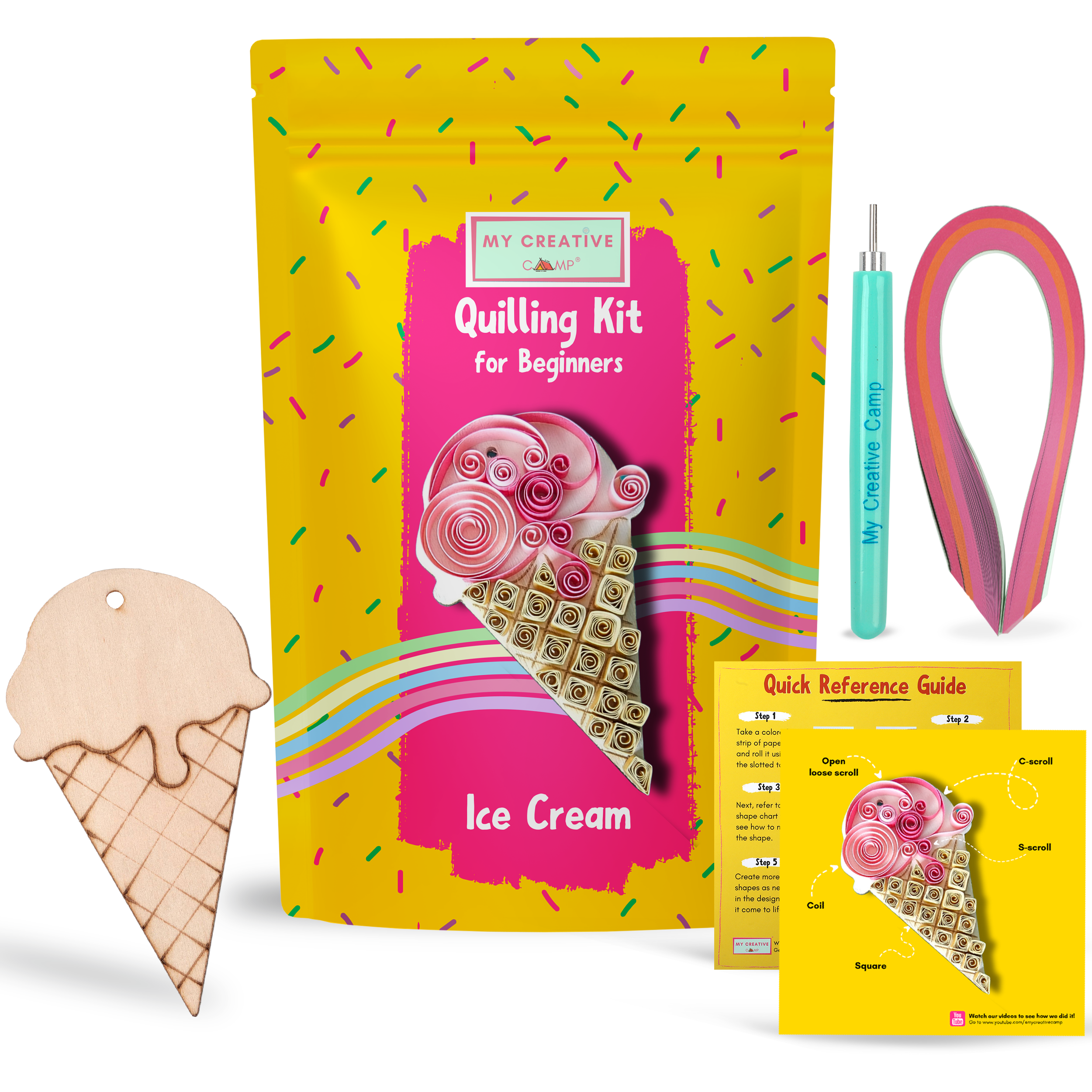 Quilling kit for beginners with wooden ice cream cone, tools, and guide on a white background
Paper quilling kit with ice cream design, quilling tool, colorful paper strips, and accessories