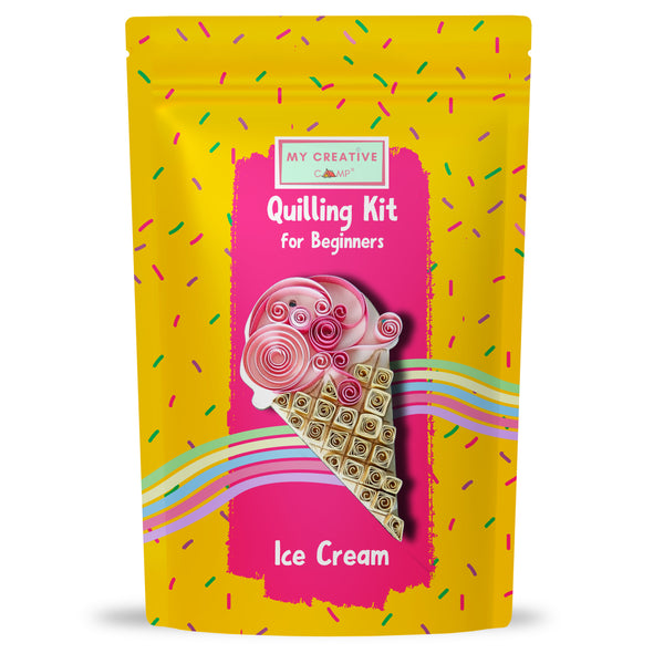Quilling kit packaging with ice cream design on a yellow background
Ice cream paper quilling kit for intermediate crafters featuring a cute colorful ice cream design