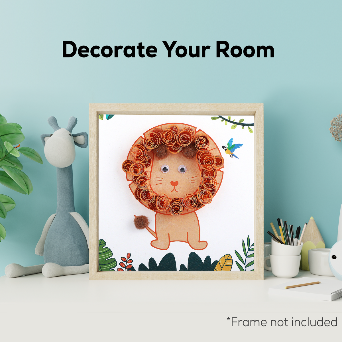 Paper quilling kit with lion design, quilling tool, colorful paper strips, and accessories