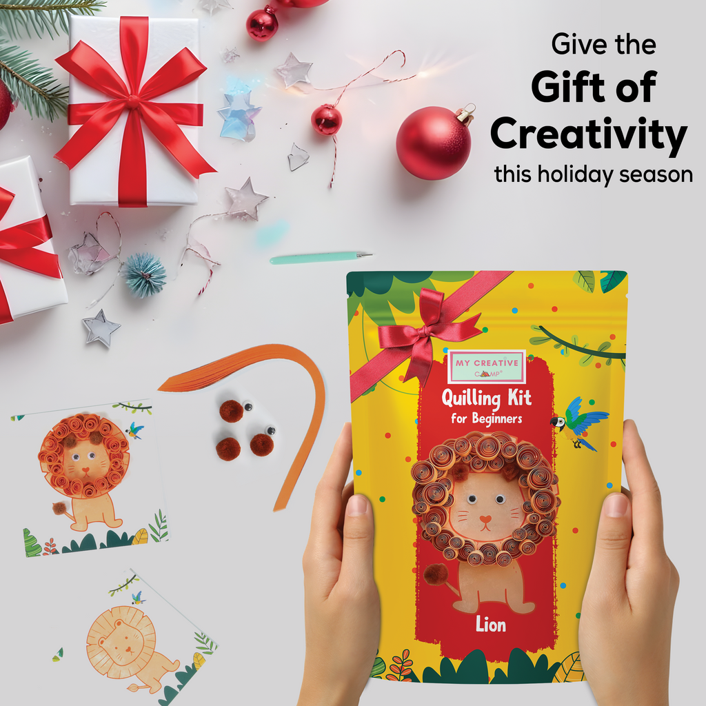 Quilling kit for beginners with lion design held by hands, surrounded by Christmas decorations on a white background.
Paper quilled lion displayed on a stand as handmade desk or shelf decor