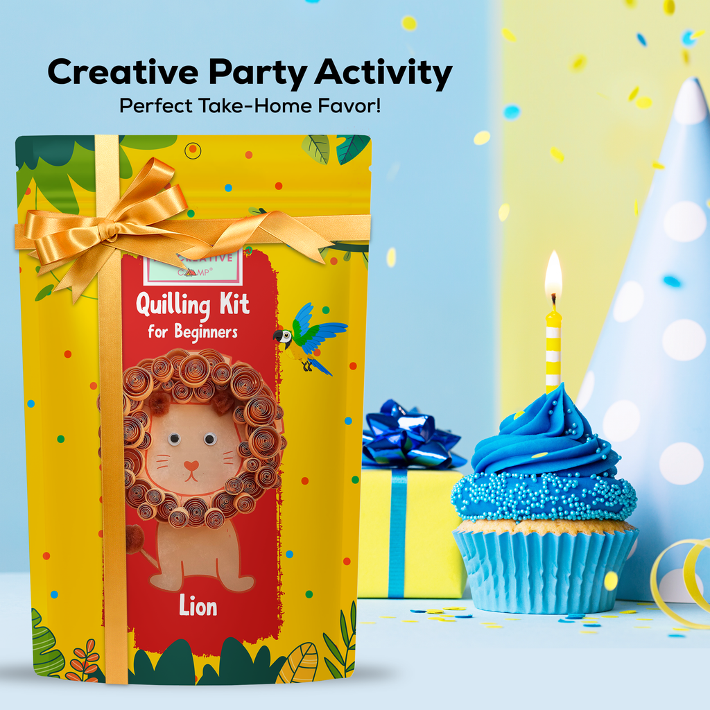 Quilling kit for beginners with a lion design, surrounded by party decorations on a blue background.
Calming paper quilling activity creating a cute lion design for intermediate crafters