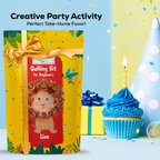 Quilling kit for beginners with a lion design, surrounded by party decorations on a blue background.
Calming paper quilling activity creating a cute lion design for intermediate crafters