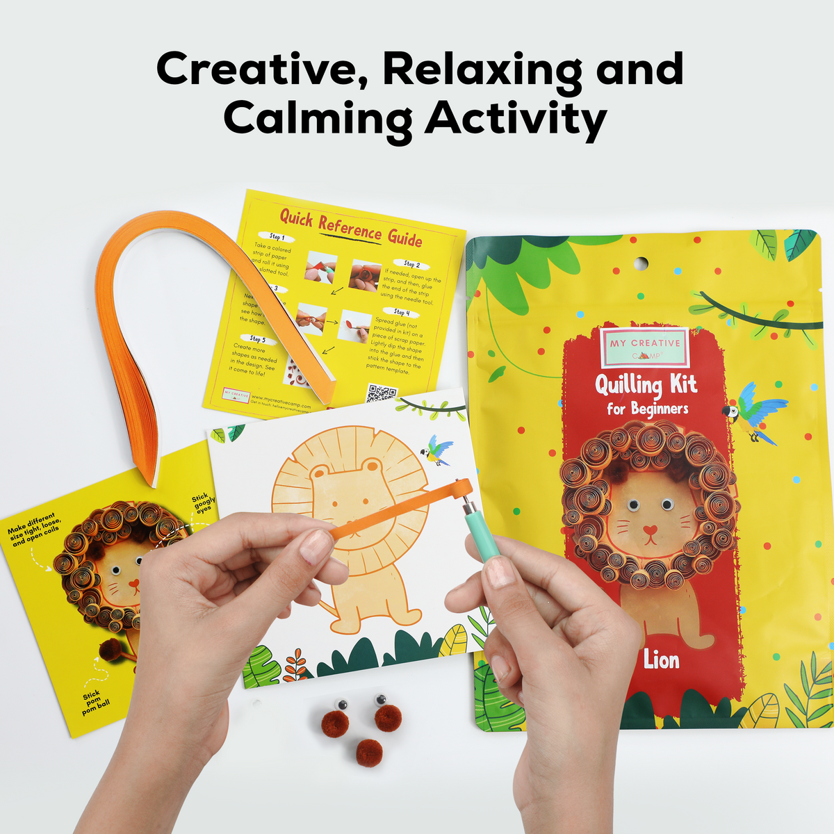 Lion paper quilling kit shown as a creative gift for kids and craft lovers