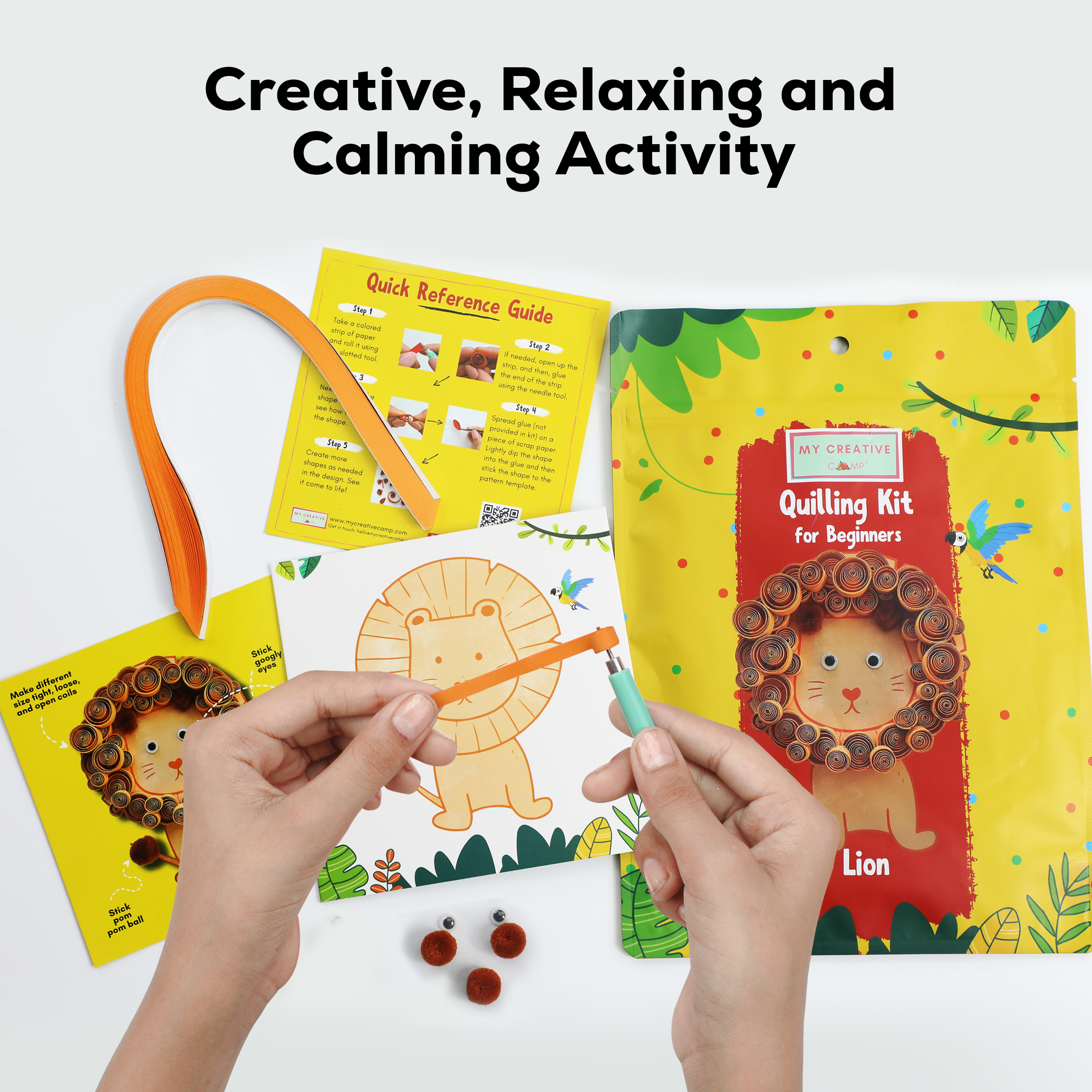 Quilling kit with lion design, tools, and instructions on a white background
Lion paper quilling kit shown as a creative gift for kids and craft lovers