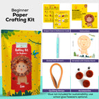 Beginner paper crafting kit with lion-themed items on a white background
Intermediate paper quilling kit contents including lion template board, quilling paper strips, tools, and instructions