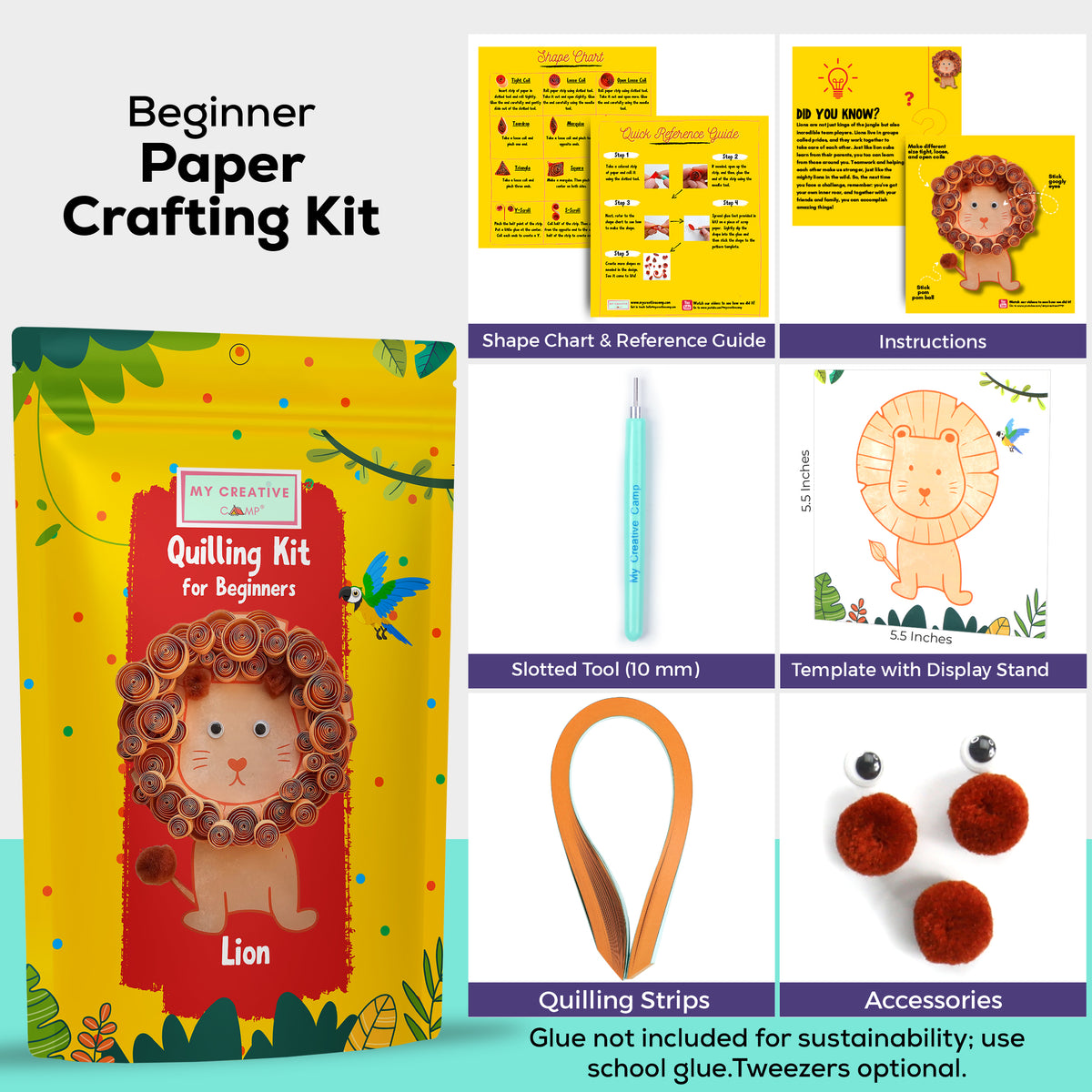 Beginner paper quilling kit contents including lion template board, quilling paper strips, tools, and instructions