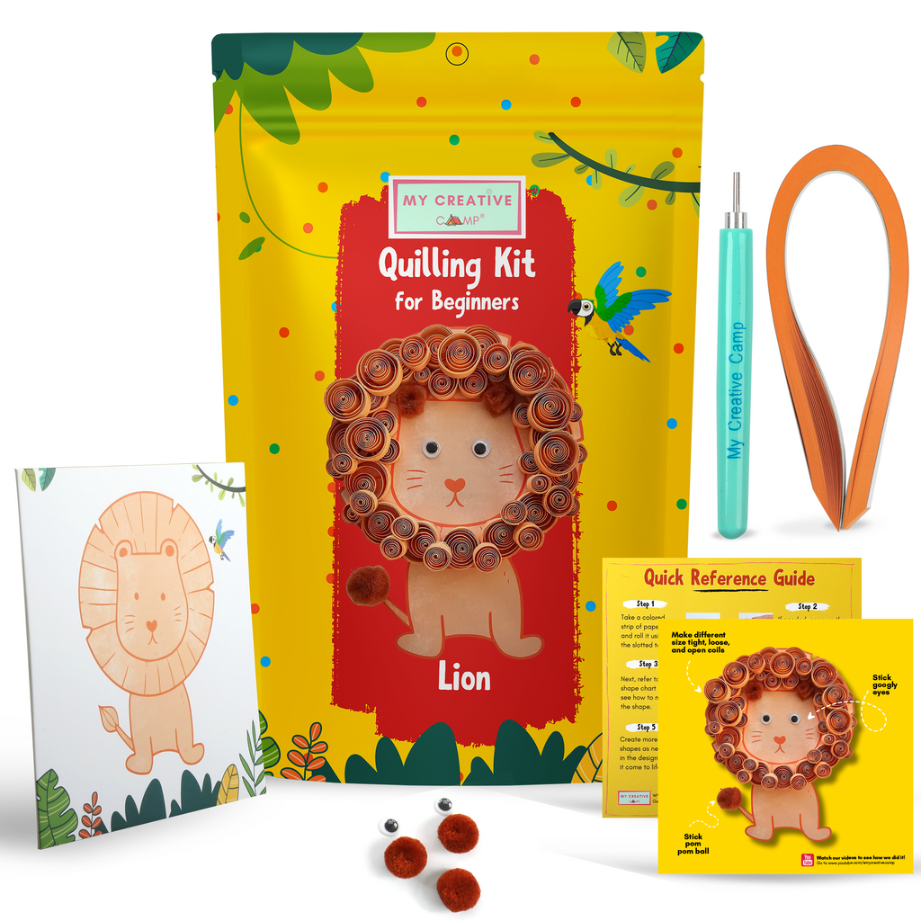 Quilling kit for beginners with lion design on a white background