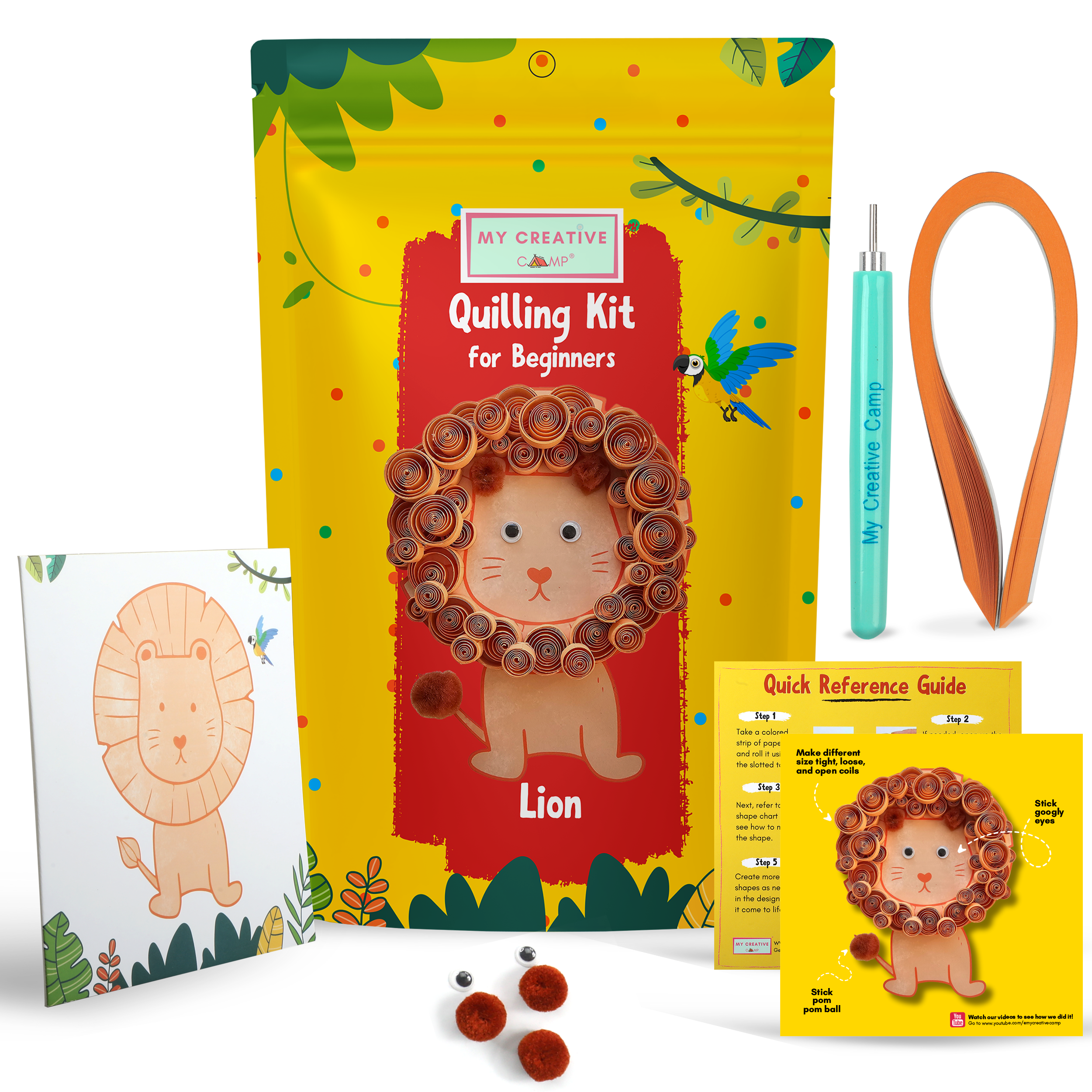 Quilling kit for beginners with lion design on a white background