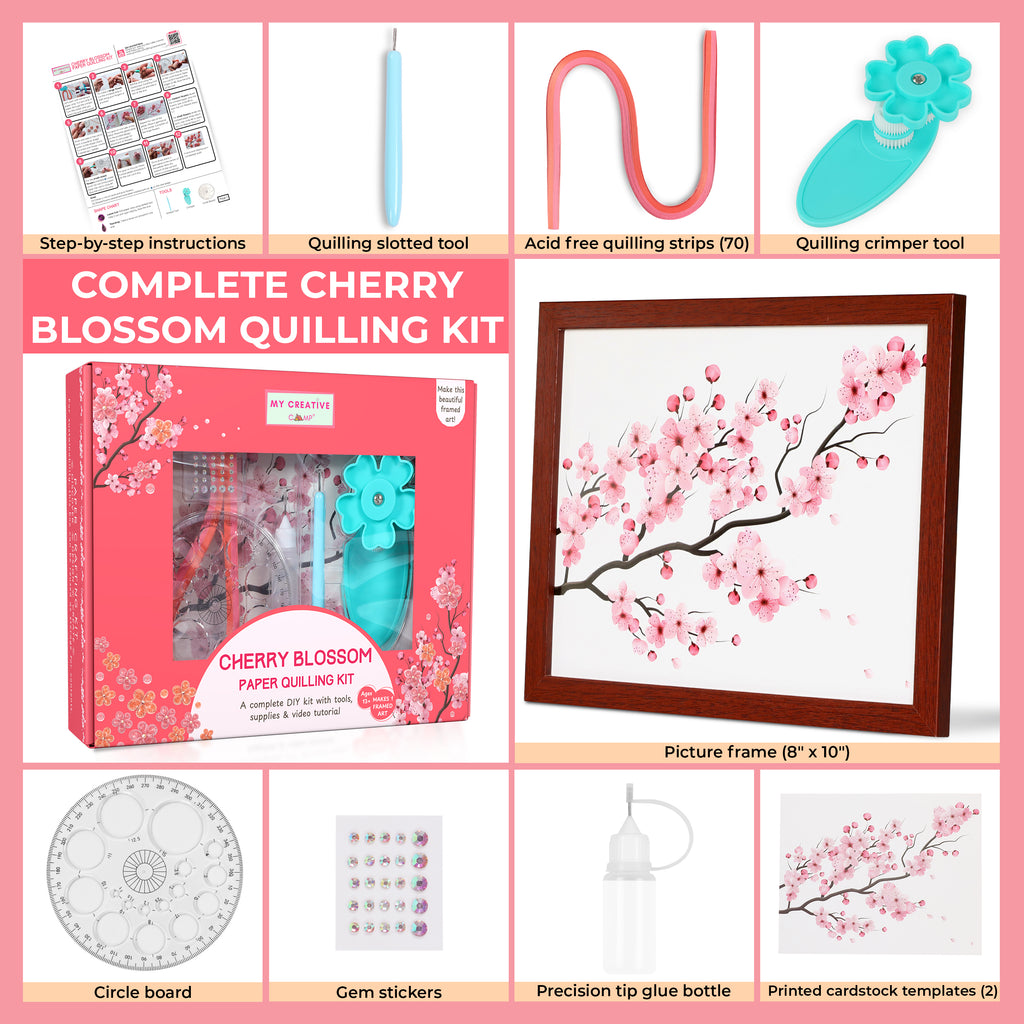 Complete Cherry Blossom Quilling Kit with various tools and materials on a pink background
Cherry Blossom Paper Quilling Kit packaging, showing tools and materials inside the box.
