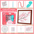 Complete Cherry Blossom Quilling Kit with various tools and materials on a pink background
Cherry Blossom Paper Quilling Kit packaging, showing tools and materials inside the box.
