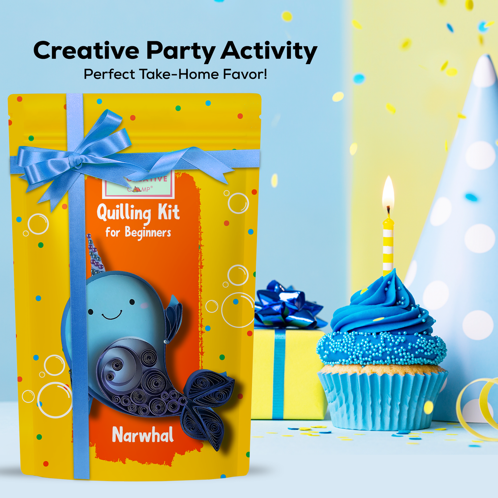 Quilling kit for beginners with a narwhal design, gift box, and cupcake with blue frosting on a colorful background.
Narwhal paper quilling kit used as a fun and creative group craft activity