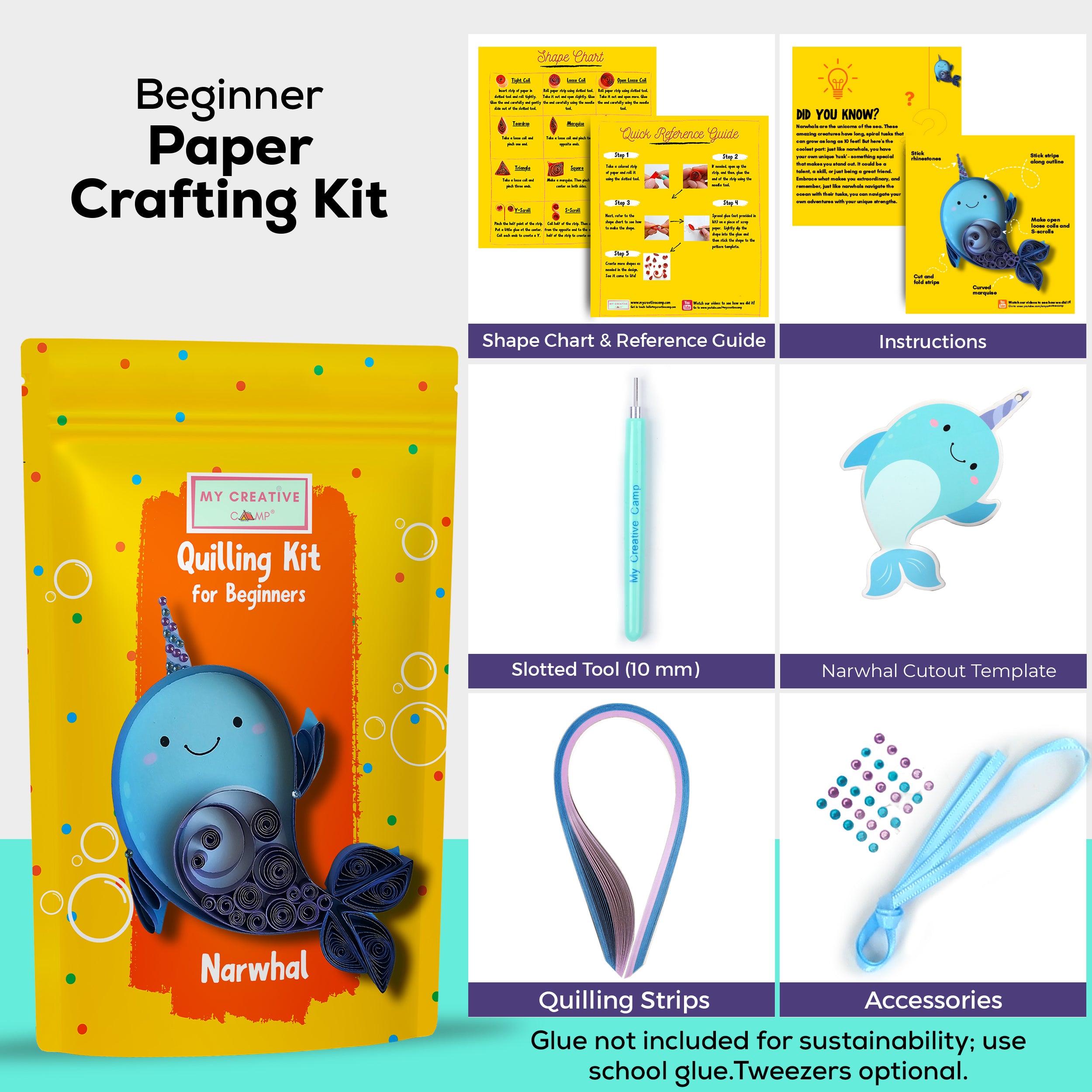 Beginner paper crafting kit with narwhal design, tools, and accessories on a white background.
Intermediate paper quilling kit contents including narwhal template board, quilling paper strips, tools, and instructions