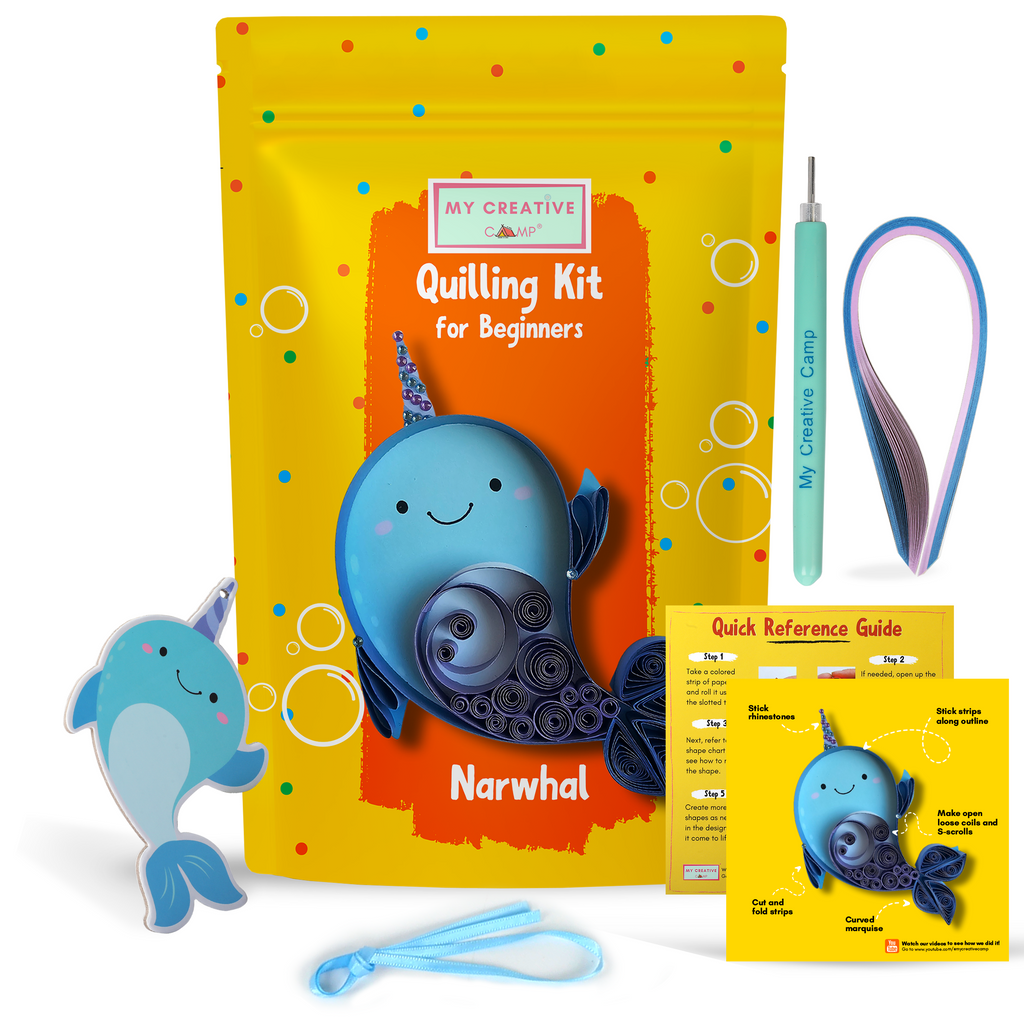 Quilling kit with Narwhal design, including packaging, tools, and instructions on a white background.
Narwhal paper quilling kit shown as a creative gift for kids and craft lovers