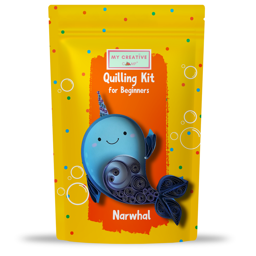 Quilling kit for beginners with a blue narwhal design on a yellow and orange background
Narwhal paper quilling kit for intermediate crafters featuring a cute handmade narwhal design