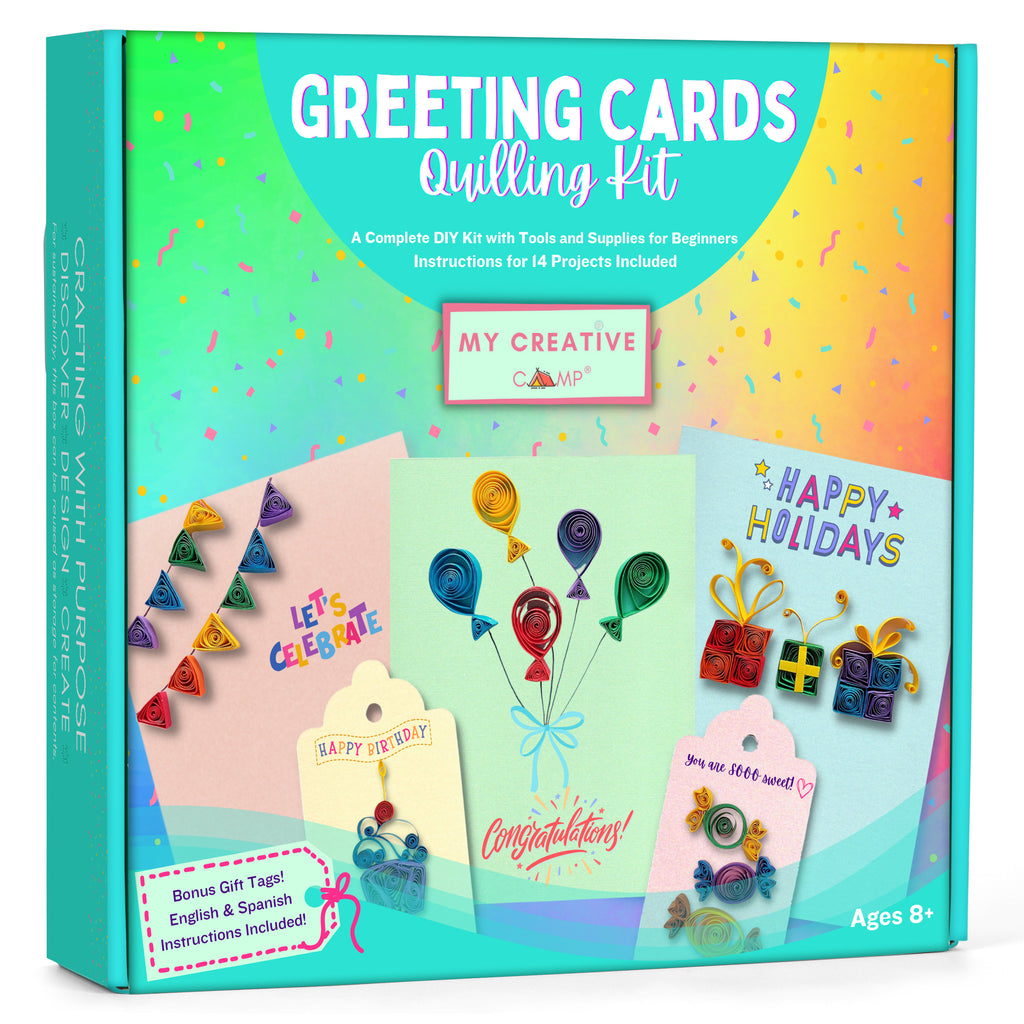 Greeting card paper quilling kit for kids and beginners with cards, tools, and colorful quilling strips