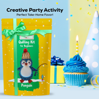 Quilling kit for beginners with a penguin design, surrounded by party decorations on a blue background.