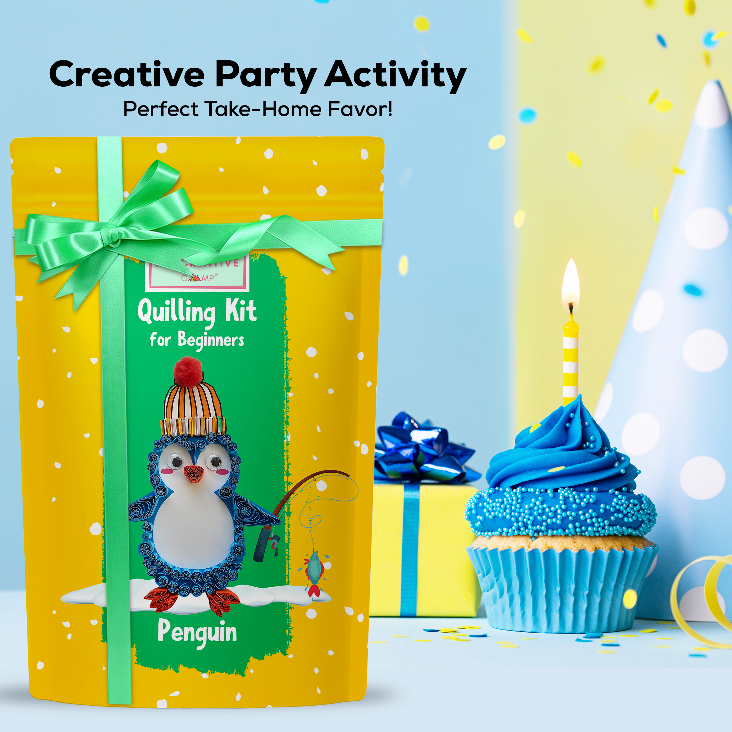 Quilling kit for beginners with a penguin design, surrounded by party decorations on a blue background.