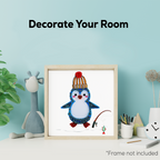 Framed artwork of a penguin with a hat on a light blue wall.
Finished penguin paper quilling art made with an intermediate paper craft kit