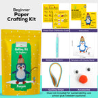 Beginner paper crafting kit with packaging, tools, and accessories on a white background
Intermediate paper quilling kit contents including penguin template board, quilling paper strips, tools, and instructions