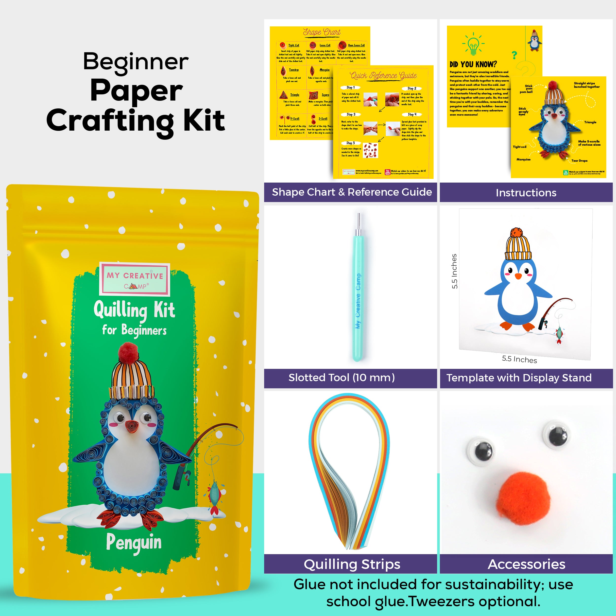 Beginner paper crafting kit with packaging, tools, and accessories on a white background
Intermediate paper quilling kit contents including penguin template board, quilling paper strips, tools, and instructions