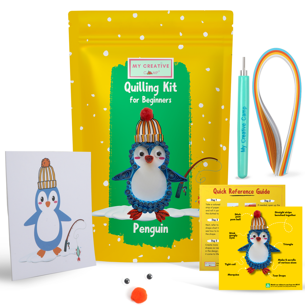 Quilling kit for beginners with penguin design, including packaging, materials, and guide on a white background.
Penguin paper quilling kit used as a fun and creative group craft activity