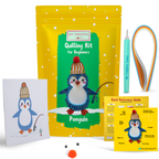 Quilling kit for beginners with penguin design, including packaging, materials, and guide on a white background.
Penguin paper quilling kit used as a fun and creative group craft activity
