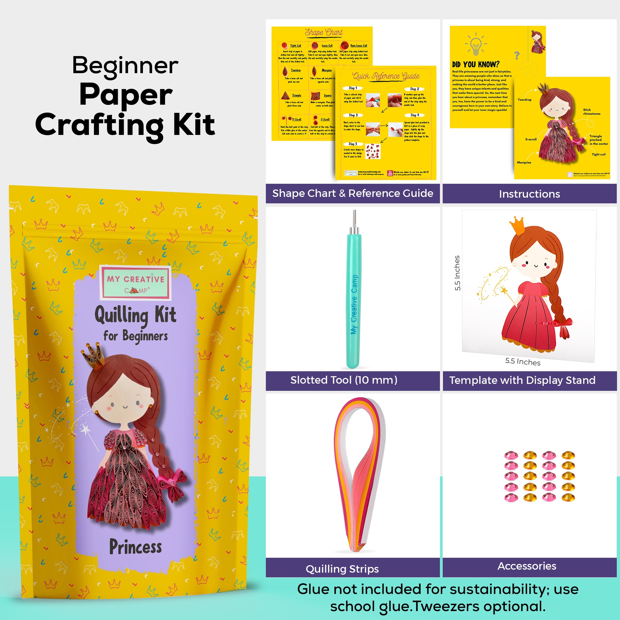 Beginner paper crafting kit with packaging, tools, and accessories on a white background
Beginner paper quilling kit contents with princess project, quilling paper strips, tools, and instructions