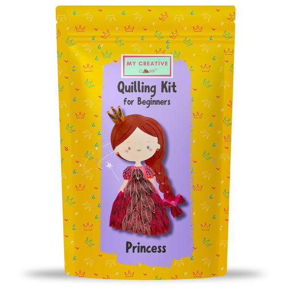 Quilling kit for beginners with a princess design on a yellow and purple background
Princess paper quilling kit for beginners featuring a handmade doll craft design