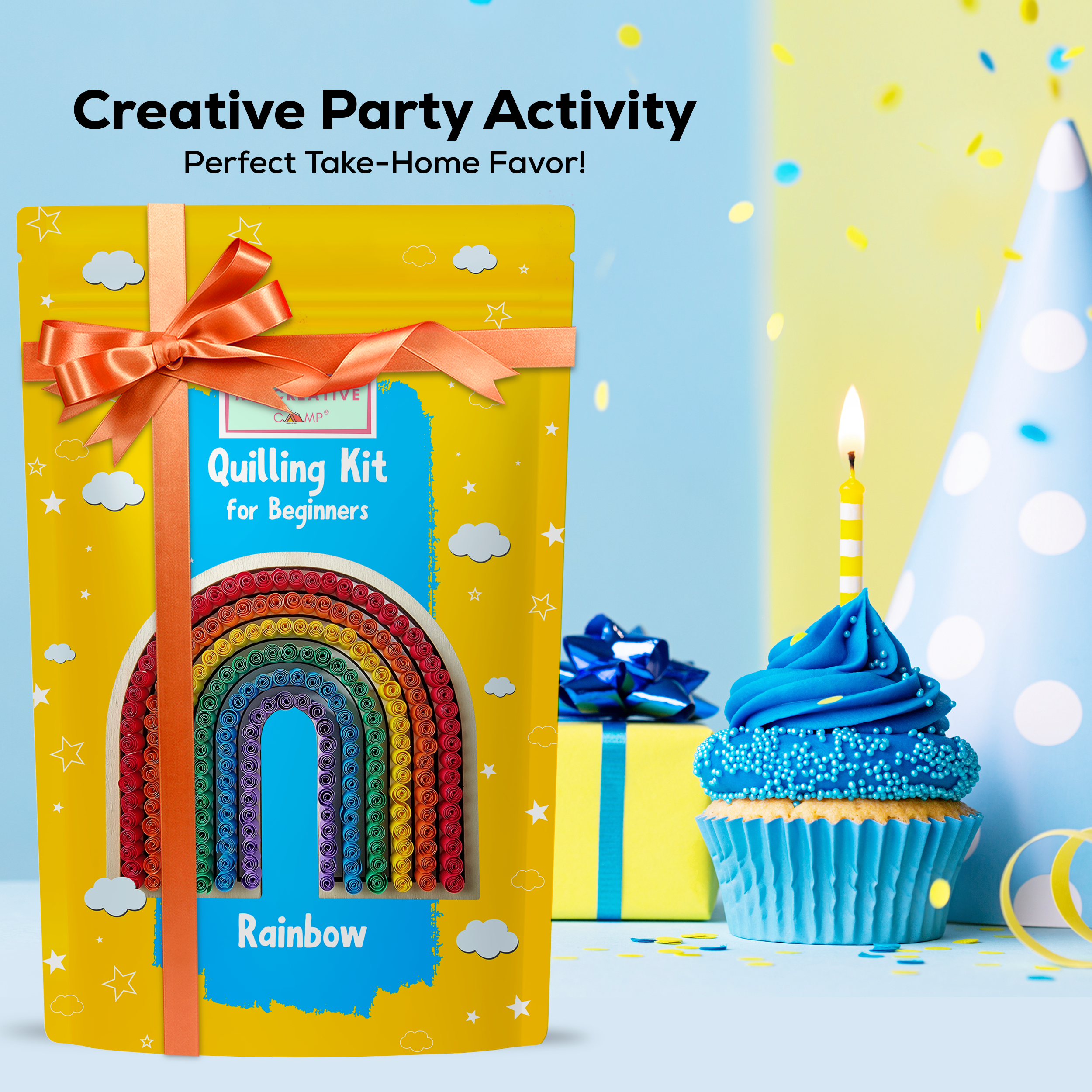 Quilling kit for beginners with a rainbow design, gift box, and blue cupcake with candle on a colorful background.