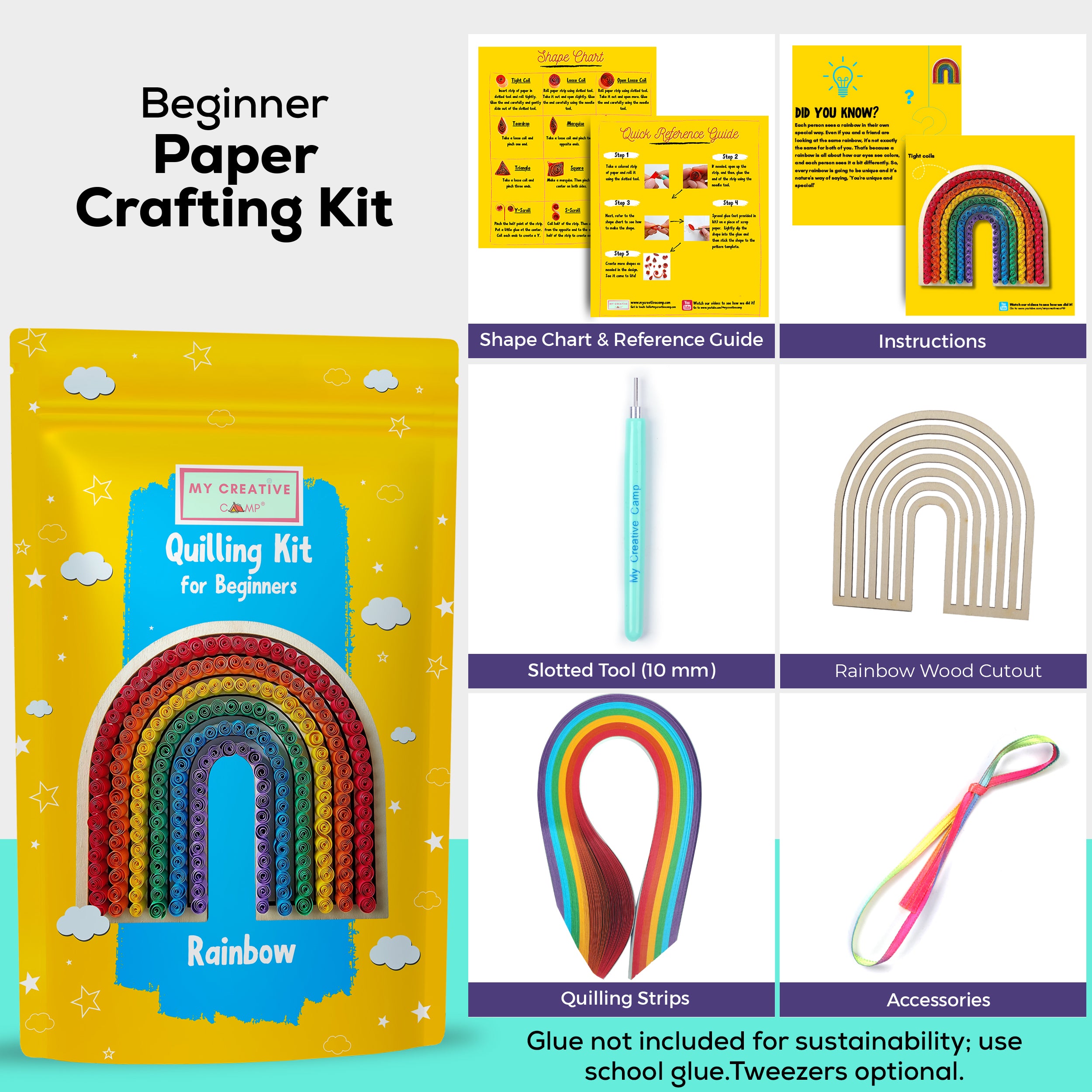 Beginner Paper Crafting Kit with rainbow quilling kit, slotted tool, rainbow wood cutout, and accessories on a white background.
Beginner paper quilling kit contents including quilling paper strips, tools, shape chart, and instructions